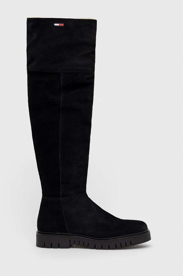 Tommy Jeans Čizme od brušene kože Tommy Jeans Warmlined Long Boot za žene, boja: crna, s platformom, s toplom podstavom
