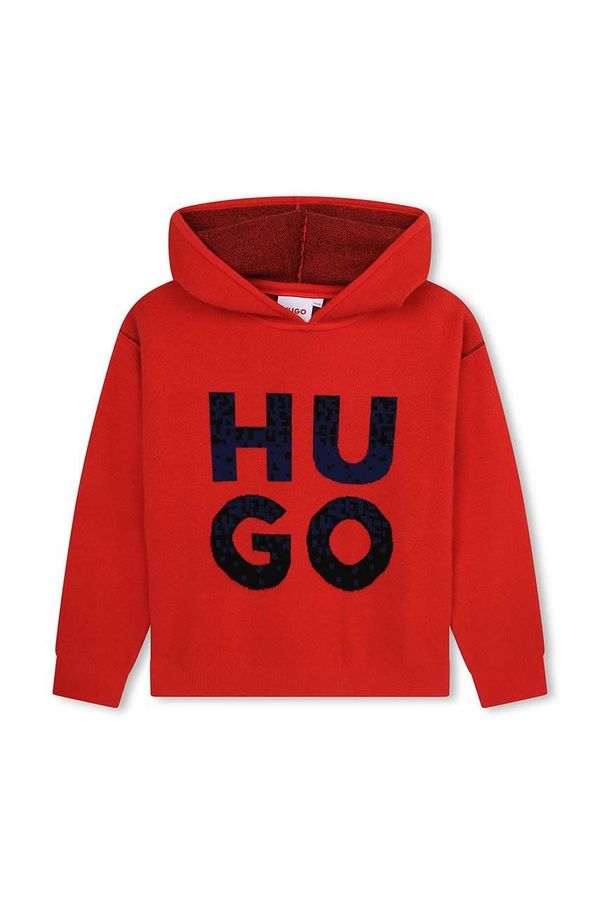Hugo Dječja dukserica HUGO boja: crvena, s kapuljačom, s tiskom