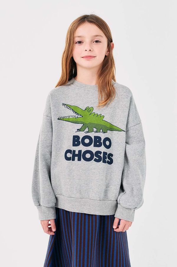 Bobo Choses Dječja pamučna dukserica Bobo Choses Talking Crocodile boja: siva, s tiskom, 224AC037