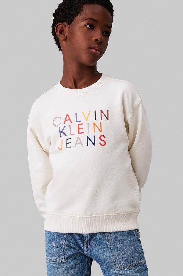 Calvin Klein Jeans Dječja pamučna dukserica Calvin Klein Jeans boja: bež, s tiskom, IB0IB02204