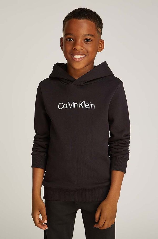 Calvin Klein Jeans Dječja pamučna dukserica Calvin Klein Jeans boja: crna, s kapuljačom, s tiskom, IU0IU00679