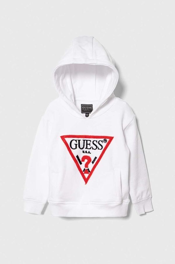 Guess Dječja pamučna dukserica Guess boja: bijela, s kapuljačom, s aplikacijom