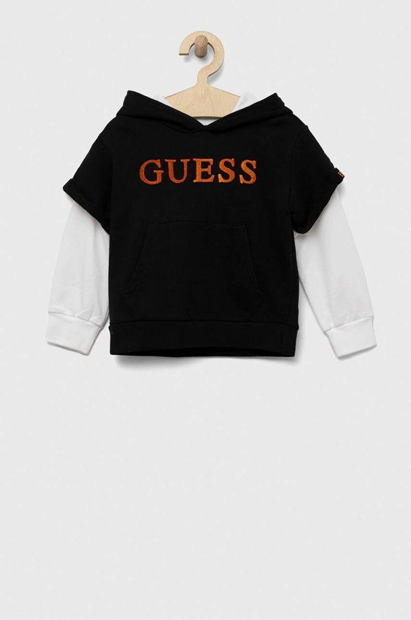 Guess Dječja pamučna dukserica Guess boja: crna, s kapuljačom, s uzorkom