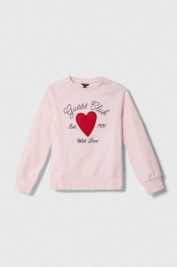Guess Dječja pamučna dukserica Guess boja: ružičasta, s aplikacijom