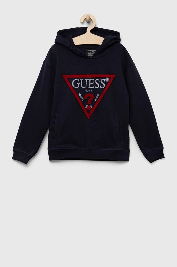 Guess Dječja pamučna dukserica Guess boja: tamno plava, s kapuljačom, s aplikacijom
