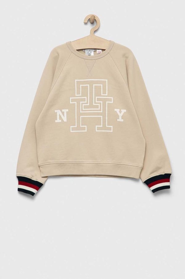 Tommy Hilfiger Dječja pamučna dukserica Tommy Hilfiger boja: bež, s tiskom
