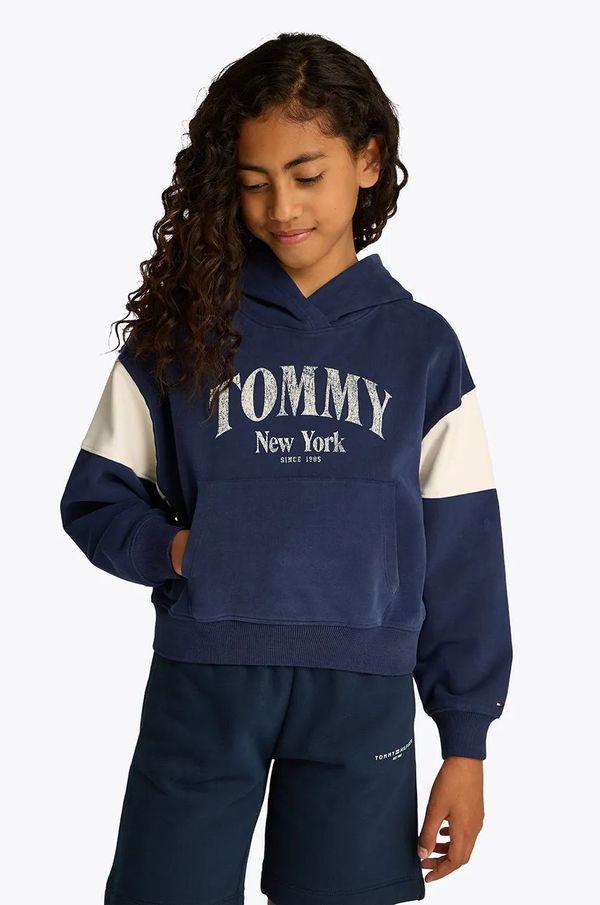 Tommy Hilfiger Dječja pamučna dukserica Tommy Hilfiger boja: tamno plava, s kapuljačom, s tiskom, KG0KG08520
