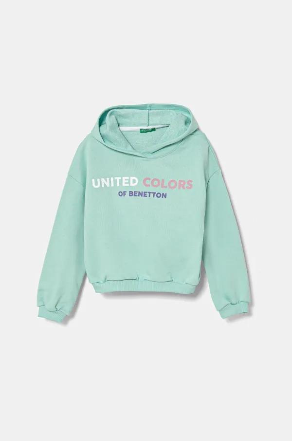 United Colors of Benetton Dječja pamučna dukserica United Colors of Benetton boja: tirkizna, s kapuljačom, s tiskom, 3J68C204D