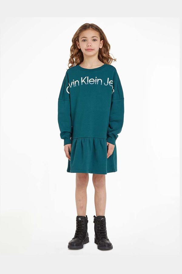 Calvin Klein Jeans Dječja pamučna haljina Calvin Klein Jeans boja: zelena, mini, širi se prema dolje