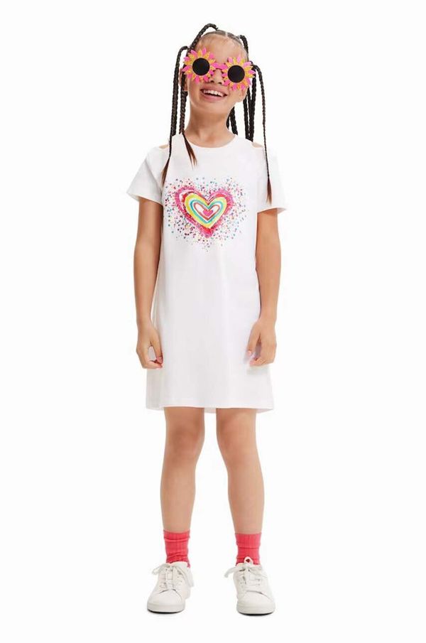Desigual Dječja pamučna haljina Desigual boja: bijela, mini, ravna