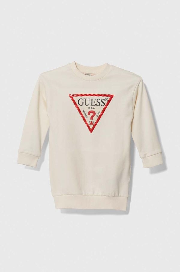 Guess Dječja pamučna haljina Guess boja: bež, midi, ravna
