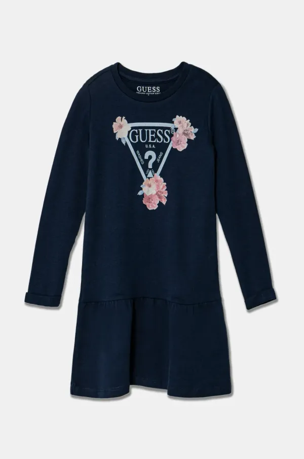 Guess Dječja pamučna haljina Guess boja: tamno plava, mini, ravna, K3YK13 KA6W4