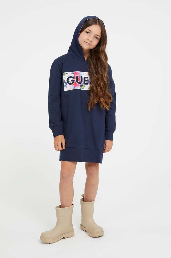 Guess Dječja pamučna haljina Guess boja: tamno plava, mini, ravna