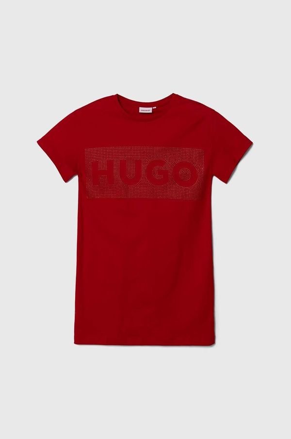 Hugo Dječja pamučna haljina HUGO boja: crvena, mini, ravna
