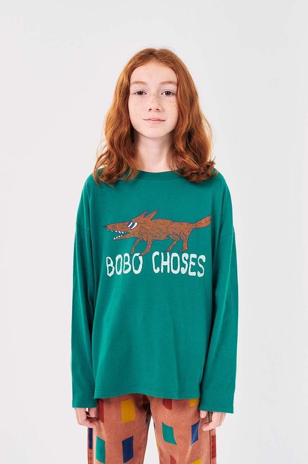Bobo Choses Dječja pamučna majica dugih rukava Bobo Choses The Clever Fox boja: zelena, s tiskom, 224AC019
