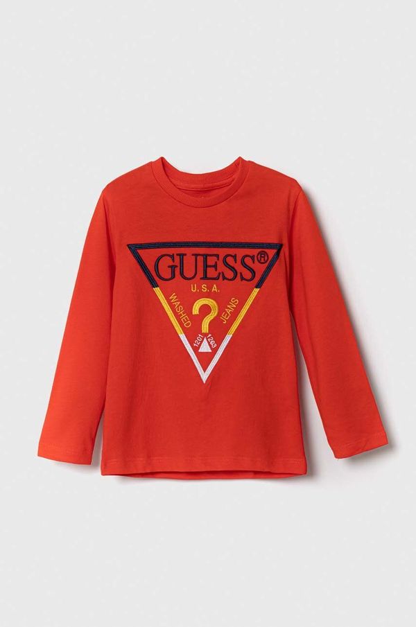 Guess Dječja pamučna majica dugih rukava Guess boja: crvena, s aplikacijom