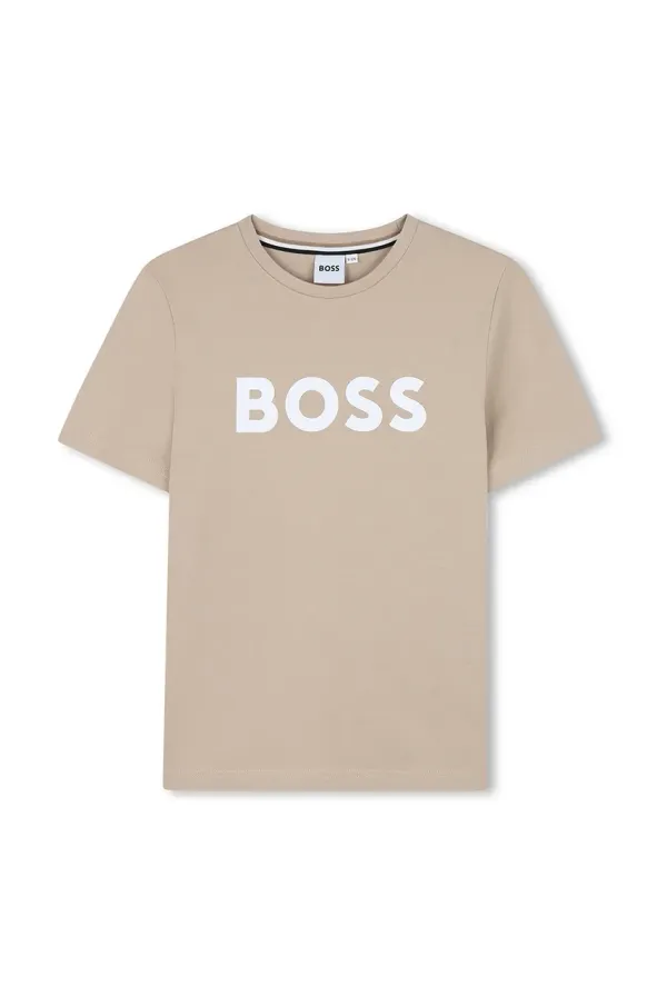 BOSS Dječja pamučna majica kratkih rukava BOSS boja: bež, s tiskom, J52030