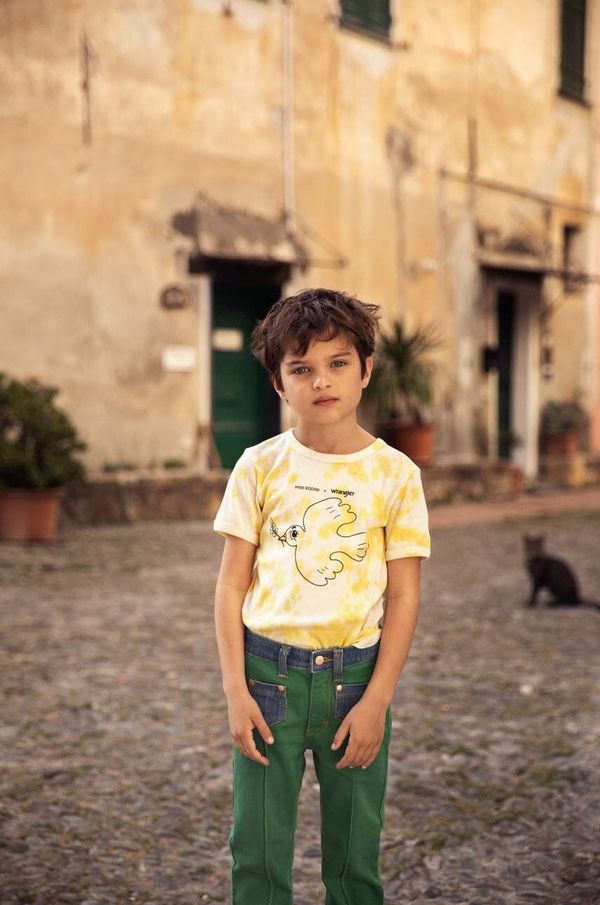 Mini Rodini Dječja pamučna majica kratkih rukava Mini Rodini Mini Rodini x Wrangler boja: žuta, s uzorkom