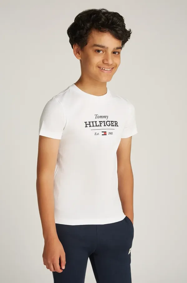 Tommy Hilfiger Dječja pamučna majica kratkih rukava Tommy Hilfiger boja: bijela, s tiskom, KB0KB09356