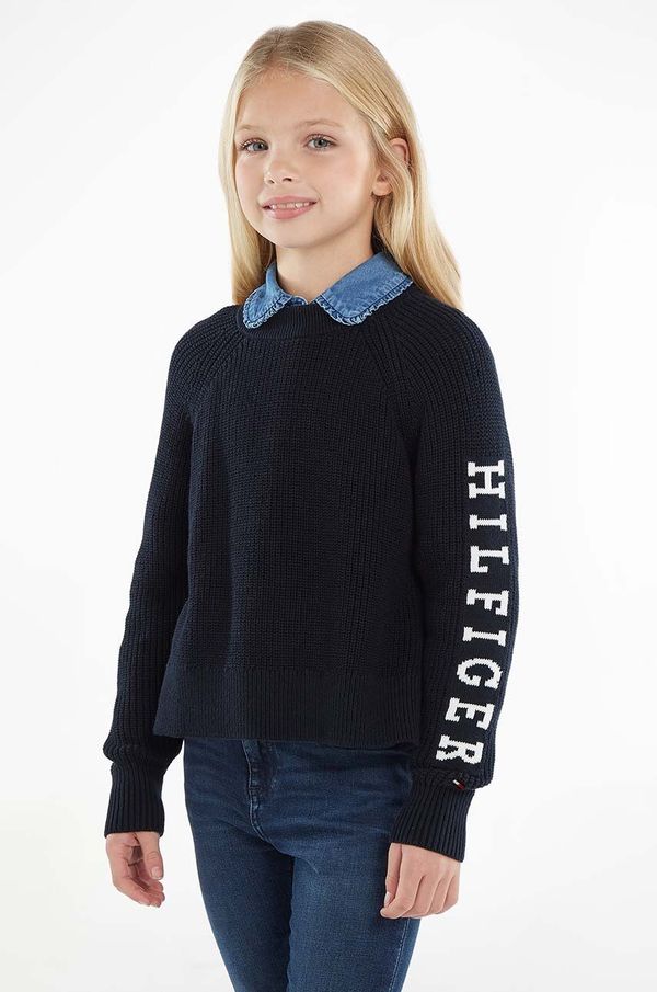 Tommy Hilfiger Dječji pamučni pulover Tommy Hilfiger boja: tamno plava, topli