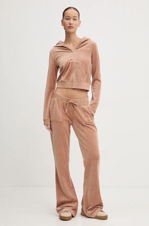 Juicy Couture Donji dio trenirke od velura Juicy Couture HERITAGE CROWN CAISA LOW RISE PANT boja: smeđa, s aplikacijom, JCGBJ224012