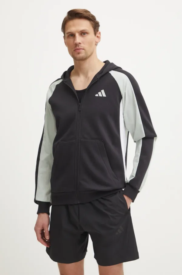 adidas Dukserica adidas Essential Colorblock za muškarce, boja: crna, s kapuljačom, s uzorkom, JD8067