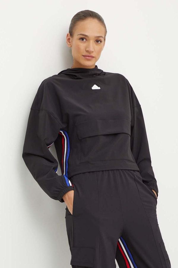 adidas Dukserica adidas Express za žene, boja: crna, s kapuljačom, s uzorkom, IX3742