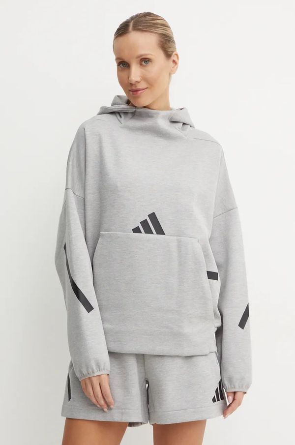 adidas Dukserica adidas ZNE za žene, boja: siva, s kapuljačom, s tiskom, JD9592