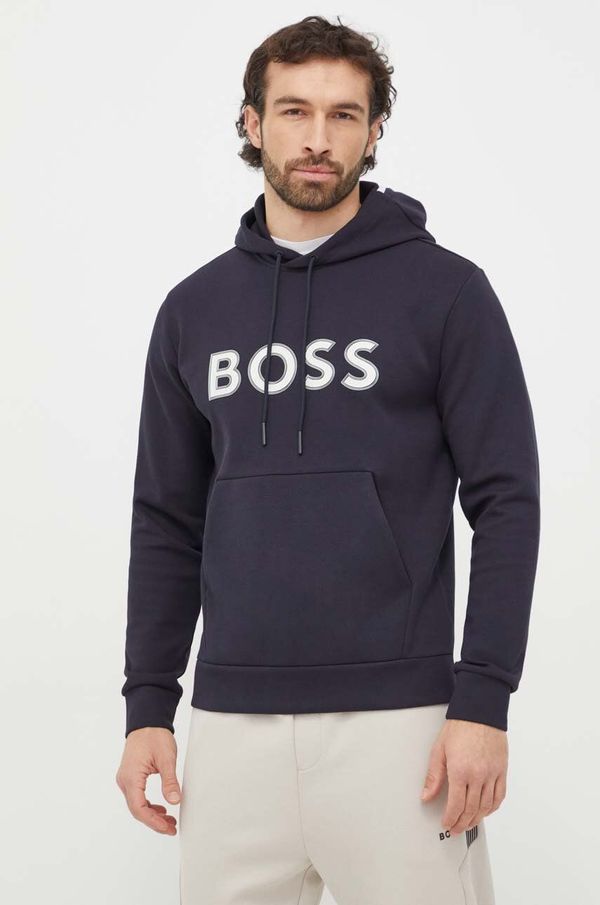 Boss Green Dukserica Boss Green za muškarce, boja: tamno plava, s kapuljačom, s tiskom