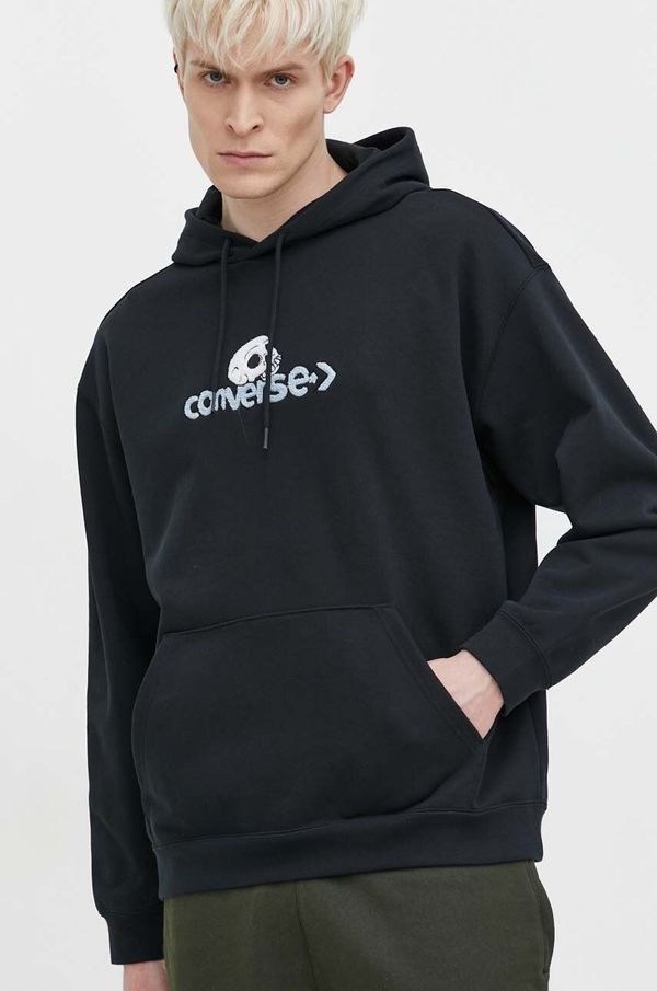 Converse Dukserica Converse boja: crna, s kapuljačom, s aplikacijom