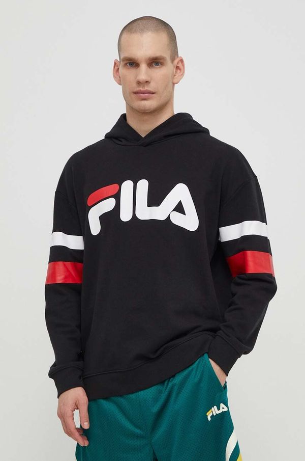 Fila Dukserica Fila Luohe za muškarce, boja: crna, s kapuljačom, s tiskom, FAM0675