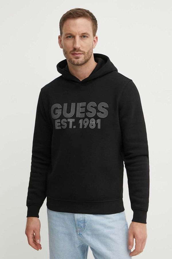 Guess Dukserica Guess BEAU za muškarce, boja: crna, s kapuljačom, s tiskom, M4YQ36 K9Z21
