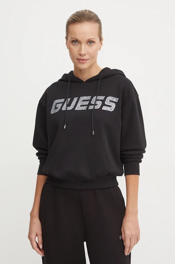 Guess Dukserica Guess CECILIA za žene, boja: crna, s kapuljačom, s aplikacijom, V4BQ25 KC3D2