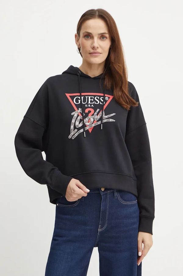 Guess Dukserica Guess za žene, boja: crna, s kapuljačom, s tiskom, W4BQ06 KB683