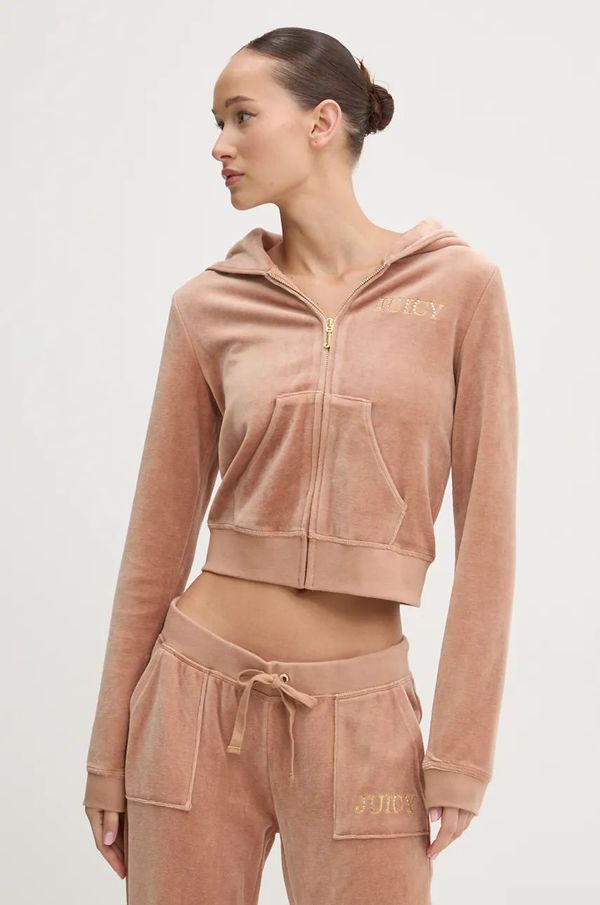 Juicy Couture Dukserica od velura Juicy Couture HERITAGE CROWN ROBYN HOODIE boja: smeđa, s kapuljačom, s aplikacijom, JCGAS224011