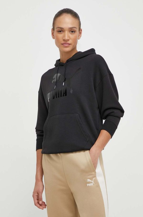 Puma Dukserica Puma CLASSICS Shiny Logo Hoodie za žene, boja: crna, s kapuljačom, s tiskom, 625595