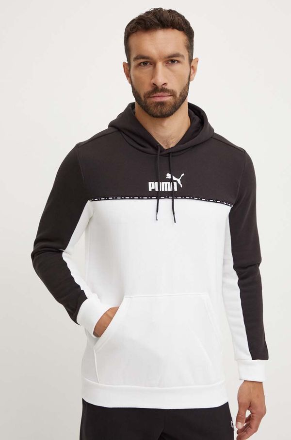 Puma Dukserica Puma ESS BLOCK x TAPE za muškarce, boja: bijela, s kapuljačom, s uzorkom, 673342
