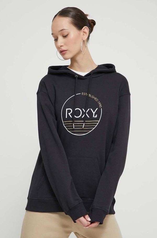 Roxy Dukserica Roxy za žene, boja: crna, s kapuljačom, s tiskom, ERJFT04815