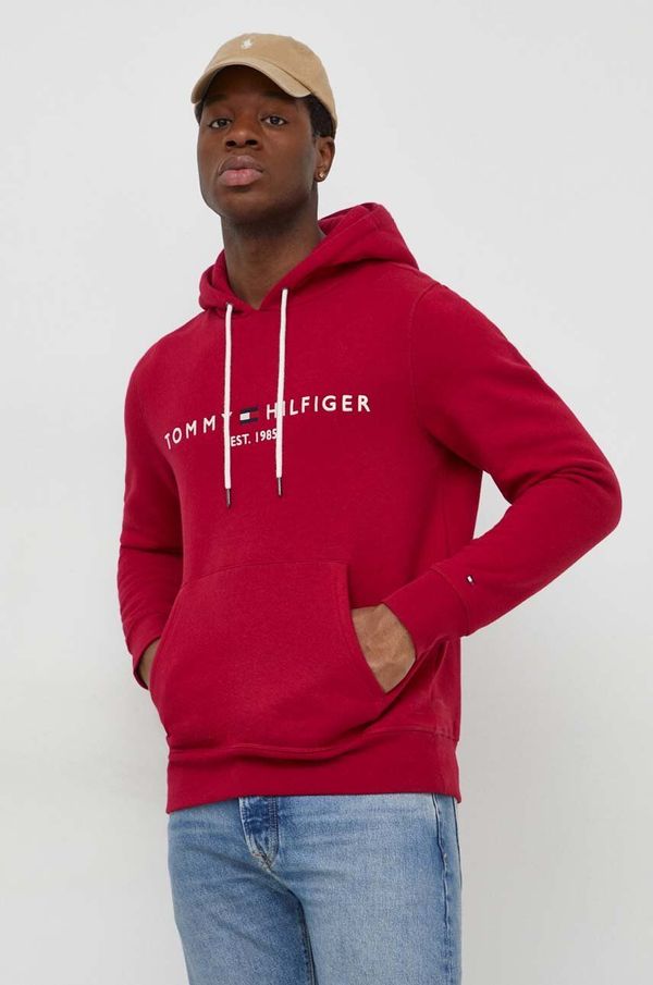 Tommy Hilfiger Dukserica Tommy Hilfiger za muškarce, boja: bordo, s kapuljačom, s aplikacijom