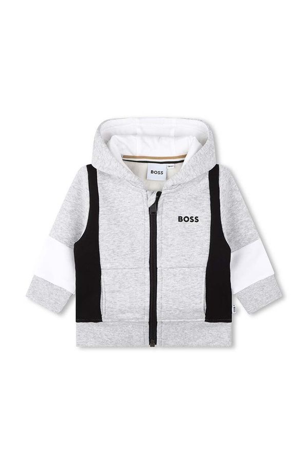 Boss Dukserica za bebe BOSS boja: siva, s kapuljačom, s tiskom