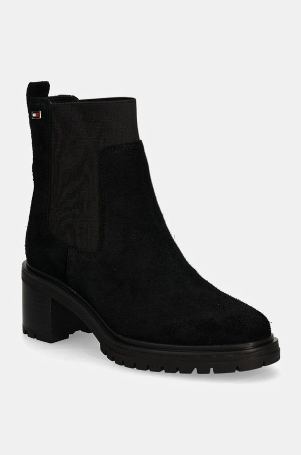 Tommy Hilfiger Gležnjače od brušene kože Tommy Hilfiger FLAG MID HEEL SUEDE CHELSEA za žene, boja: crna, s debelom potpeticom, FW0FW08429