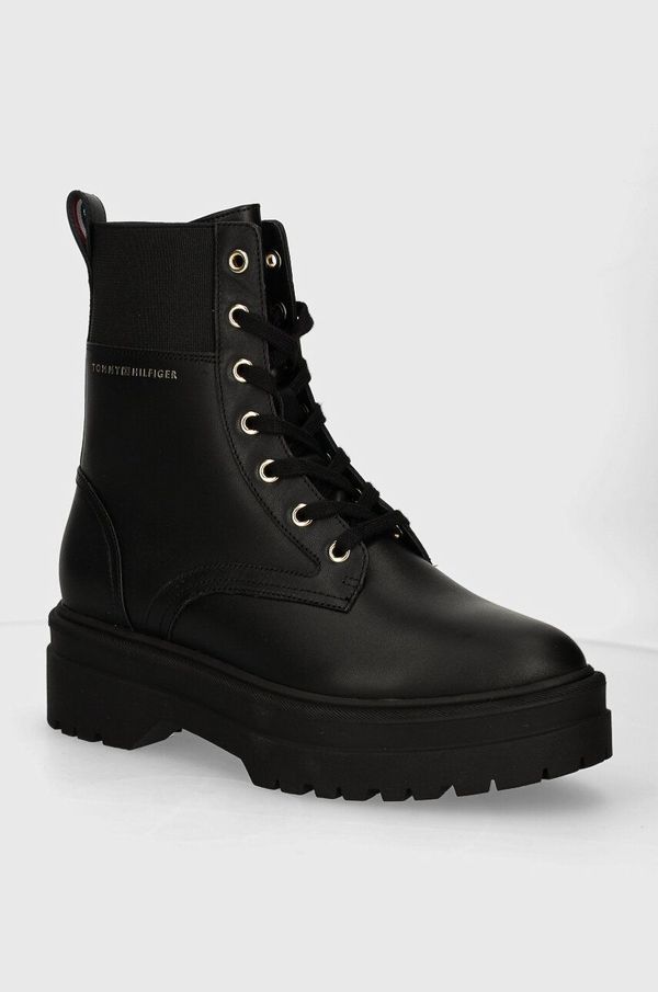 Tommy Hilfiger Gležnjače Tommy Hilfiger LEATHER ELASTIC RIB LACEUP za žene, boja: crna, ravni potplat, FW0FW08440