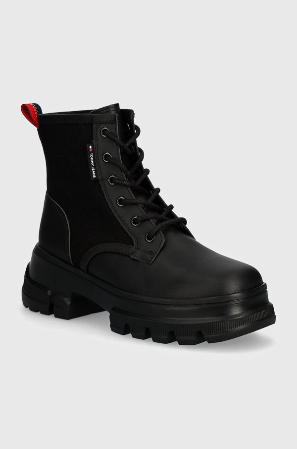 Tommy Jeans Gležnjače Tommy Jeans TJW CHUNKY LACE UP BOOT MIX MAT za žene, boja: crna, s platformom, EN0EN02554