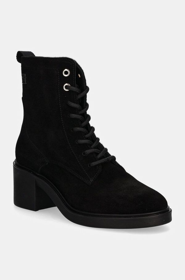 Tommy Hilfiger Gležnječe od brušene kože Tommy Hilfiger SUEDE MID HEEL LACEUP LOGOTAPE za žene, boja: crna, s debelom potpeticom, FW0FW08090