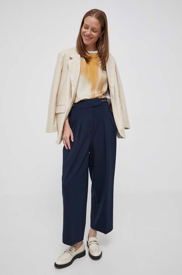 Lauren Ralph Lauren Hlače Lauren Ralph Lauren za žene, boja: tamno plava, široke, visoki struk