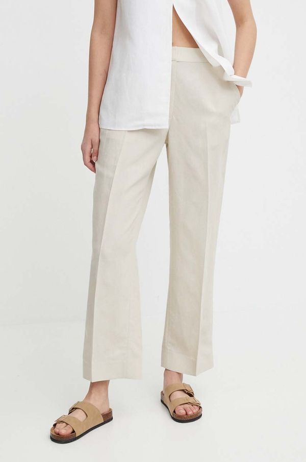 Calvin Klein Hlače s dodatkom lana Calvin Klein boja: bež, ravni kroj, visoki struk, K20K206695