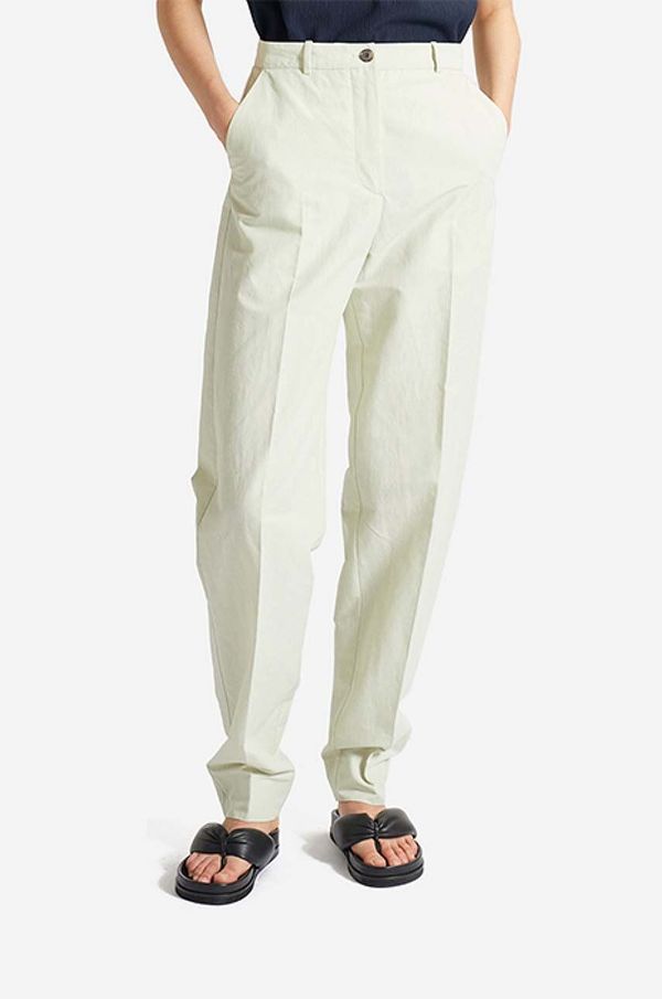 Wood Wood Hlače s dodatkom lana Wood Wood Courtney Mini Stripe Trousers boja: zelena, ravni kroj, visoki struk, 12211600.5291-PASTELG