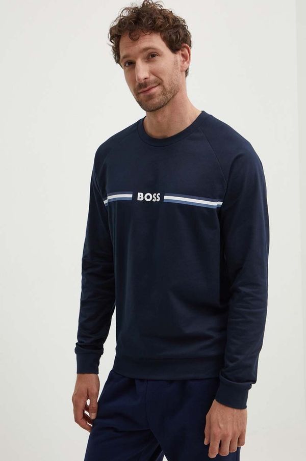 Boss Homewear pamučna dukserica BOSS boja: tamno plava, s tiskom, 50521749