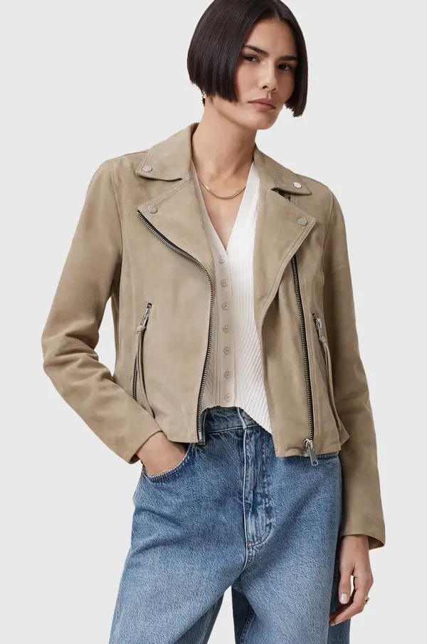 AllSaints Jakna od brušene kože AllSaints SUEDE boja: bež, za prijelazno razdoblje, W097LB