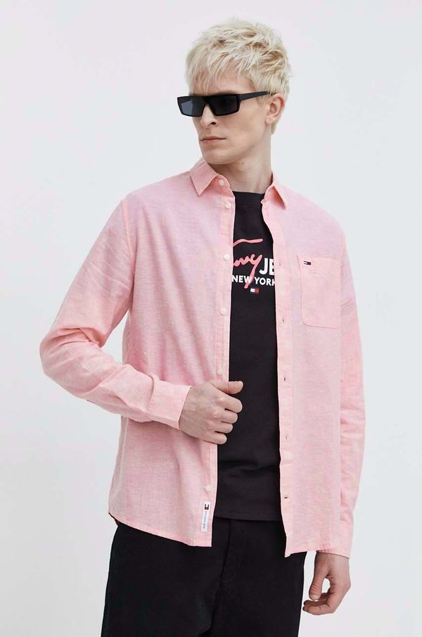 Tommy Jeans Košulja s dodatkom lana Tommy Jeans boja: ružičasta, regular, s klasičnim ovratnikom